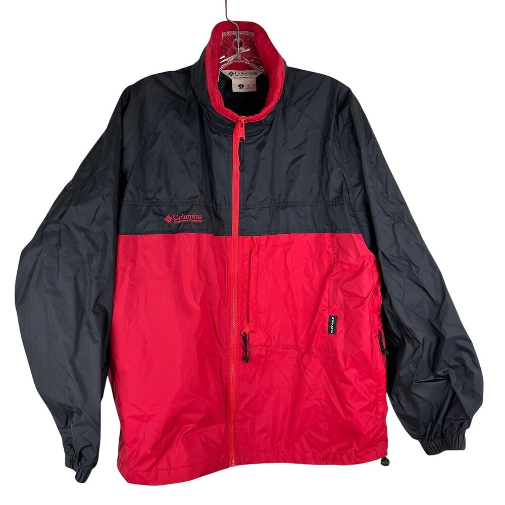VTG Columbia Jacket Rain Coat Men Small Packable Hood Nylon Red Outdoor Malaysia